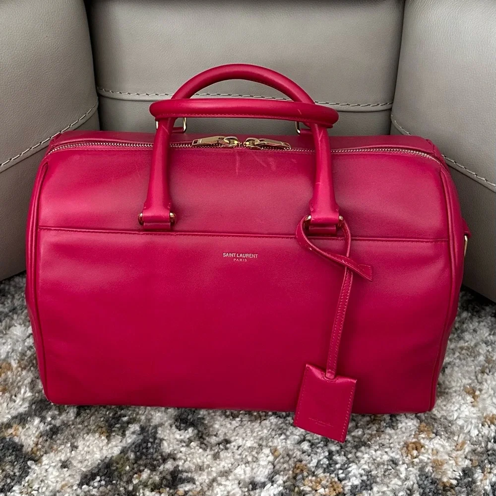 SAINT LAURENT FUCHSIA YSL 2 WAY LEATHER DUFFEL BOSTON CROSSBODY BAG CARDS & COA - Picture 3 of 16